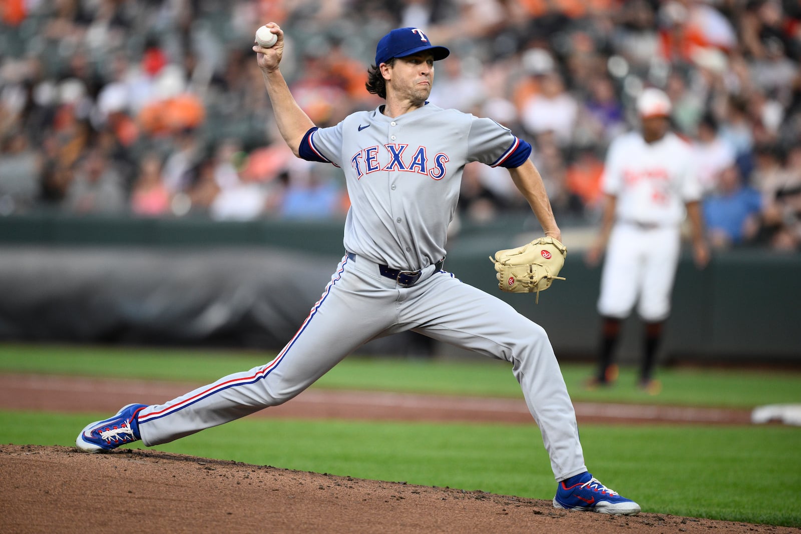 Texas Rangers starting pitcher Jacob deGrom throws during the second inning of a baseball game against the Baltimore Orioles, Wednesday, June 25, 2025, in Baltimore. (AP Photo/Nick Wass)