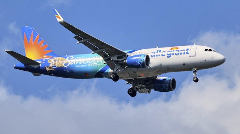 An Allegiant jet plane lands at Sarasota-Bradenton International Airport March 28, 2025. GENE J. PUSKAR/AP PHOTO