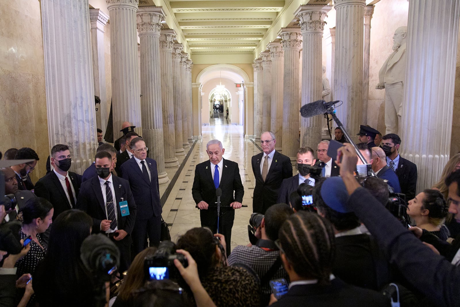 Israeli Prime Minister Benjamin Netanyahu speaks to the media, Tuesday, July 8, 2025, on Capitol Hill in Washington. (AP Photo/Jacquelyn Martin)