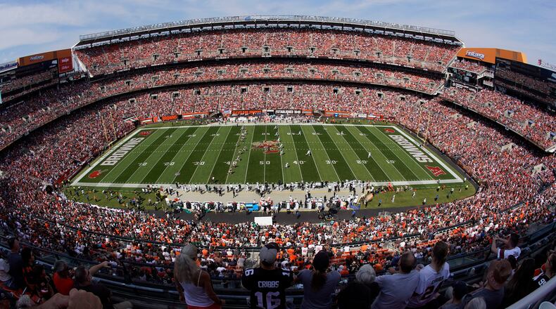 Cleveland Browns fans watch the kickoff of an NFL football game between the Cleveland Browns and the New York Jets, Sunday, Sept. 18, 2022, at First Energy Stadium in Cleveland. (AP Photo/Keith Srakocic)