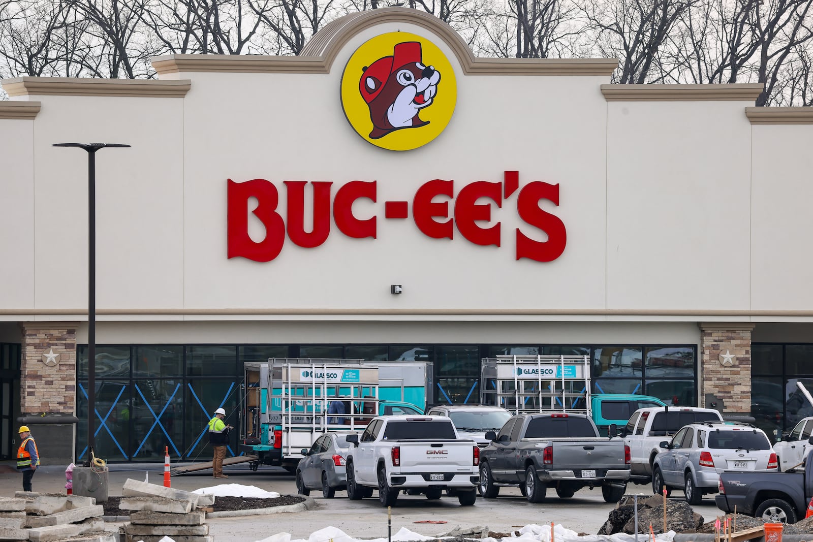 Construction continues on Buc-ee's in Huber Heights near the Interstate 70 and Ohio 235 interchange. Signage was installed over the main entrance on the week of Feb. 8. The superstore is scheduled to open April 6. BRYANT BILLING / STAFF