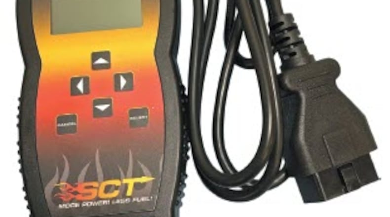 A programmer designed to change the ignition timing and other parameters within the engine controller. The stock settings are retrieved and stored in the unit and replaced with one of three optional “tunes”. Most tunes require the use of premium fuel if the higher performance versions are selected. James Halderman photo