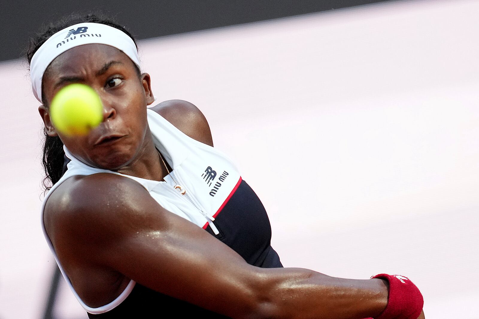 Coco Gauff of the US returns to Canada's Victoria Mboko during the Italian Open tennis tournament in Rome, Friday May 9, 2025. (Alfredo Falcone/LaPresse via AP)