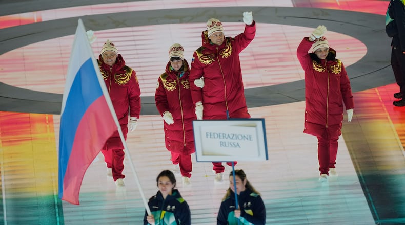 Athletes from Russia enter during the opening ceremony at the 2026 Winter Paralympics, in Verona, Italy, Friday, March 6, 2026. (AP Photo/Luca Bruno)