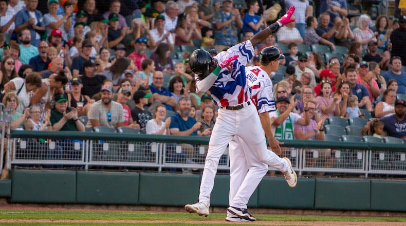 Elly De La Cruz celebrates as he rounds third base after hitting his second home run in the second game of a doubleheader against West Michigan. De La Cruz has 20 homers and leads the Midwest League. CONTRIBUTED/Jeff Gilbert
