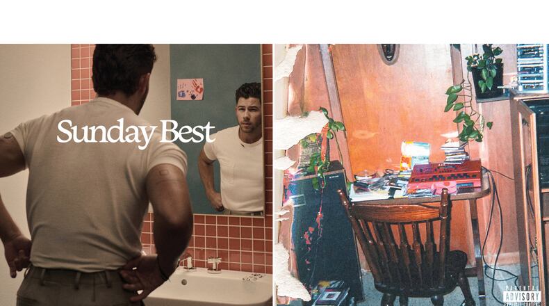 This combination of album covers shows "Sunday Best" by Nick Jonas, left, and "The Fall-Off" by J. Cole. (Republic Records/ via AP, left, and Cole World Inc./Interscope via AP)