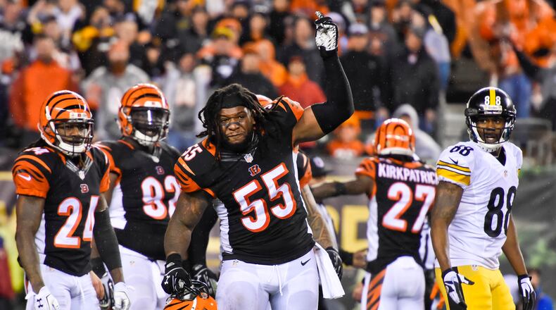 Cincinnati Bengals linebacker Vontaze Burfict expresses his feelings about a call on the field during their 18-16 loss to the Pittsburgh Steelers in the AFC wild card playoff game Saturday, Jan. 9, 2016 at Paul Brown Stadium in Cincinnati. NICK GRAHAM/STAFF