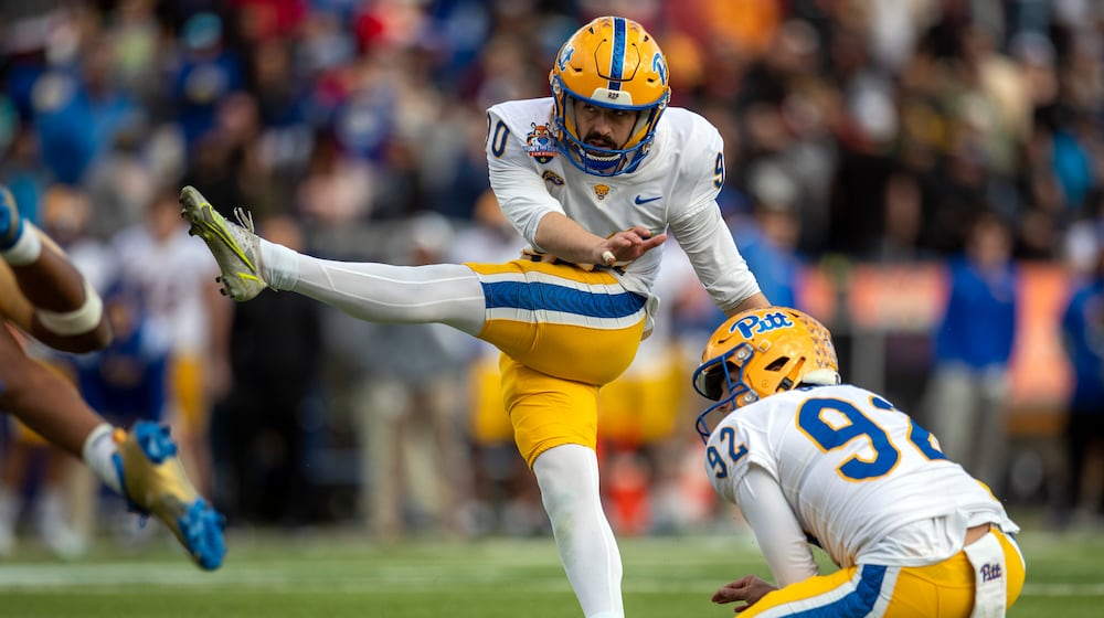 Pittsburgh placekicker Ben Sauls (90) boots the winning field goal during the second half of the Sun Bowl NCAA college football game against UCLA, Friday, Dec. 30, 2022 in El Paso, Texas. (AP Photo/Andres Leighton)