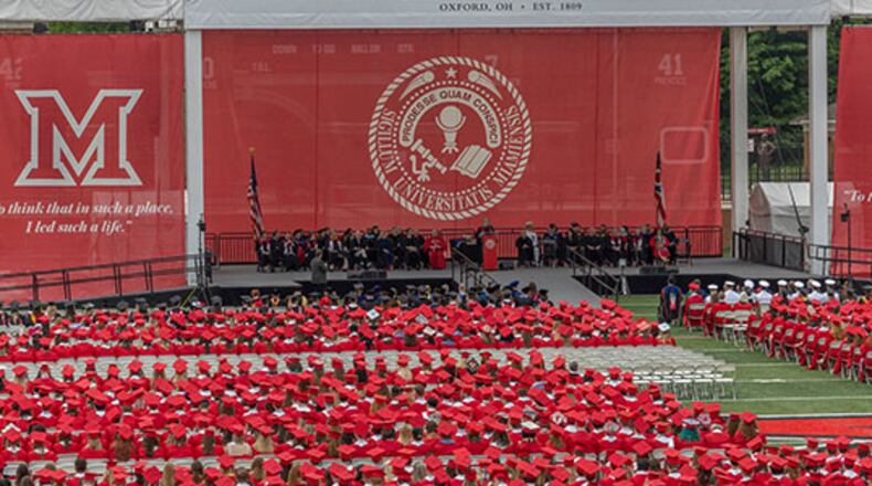 Miami jumped from 34th to 28th in the nation for best value, according to a recently released Princeton Review of America’s colleges. And though the university only created its Honors College in 2021, the school is already ranked 6th best in such programs by a national review board. Pictured is Miami’s spring graduation ceremony at Yager Stadium. CONTRIBUTED