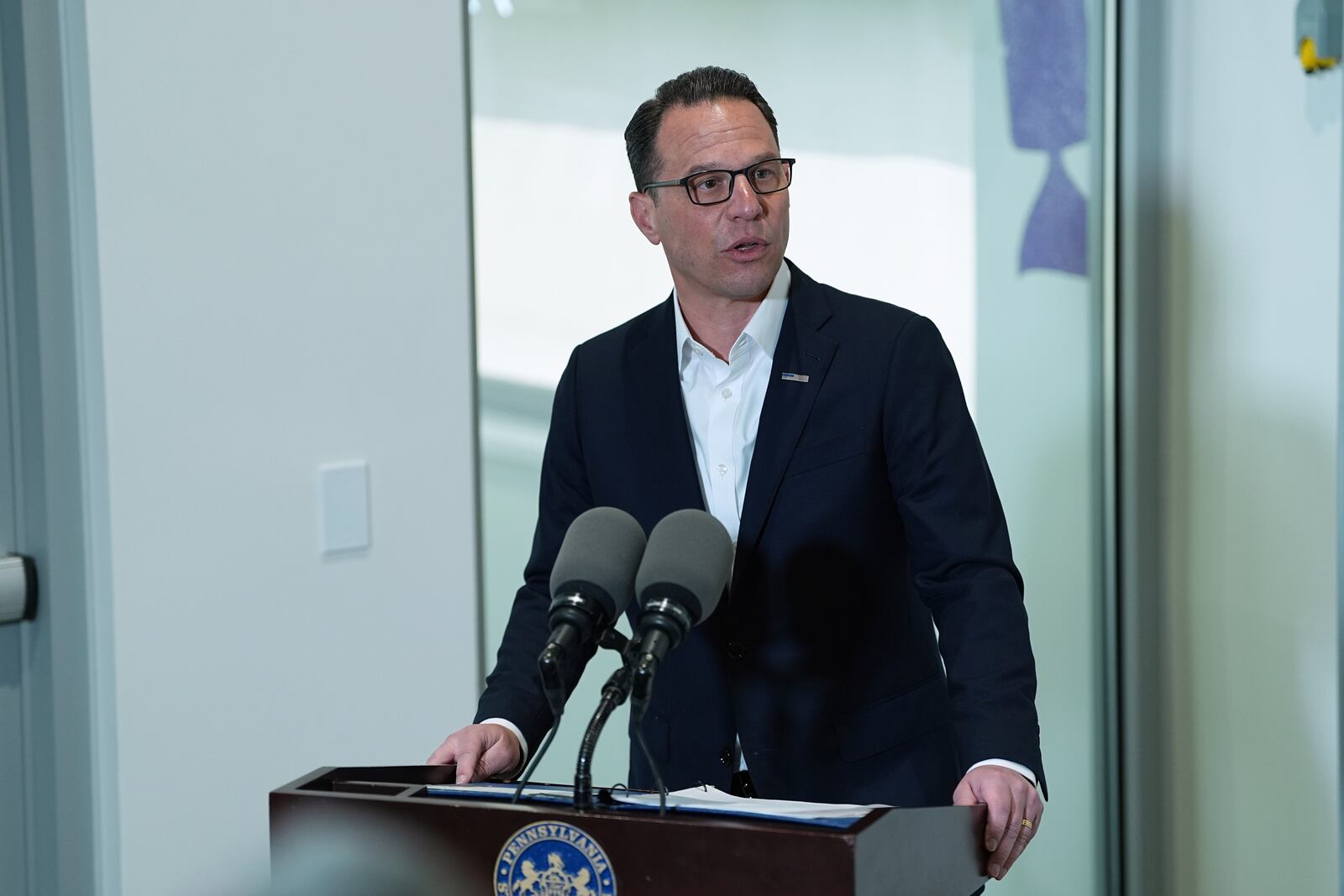 Pennsylvania Gov. Josh Shapiro visits the Hershey Company's new manufacturing plant in Hershey, Pa., Wednesday, April 16, 2025. (AP Photo/Matt Rourke)