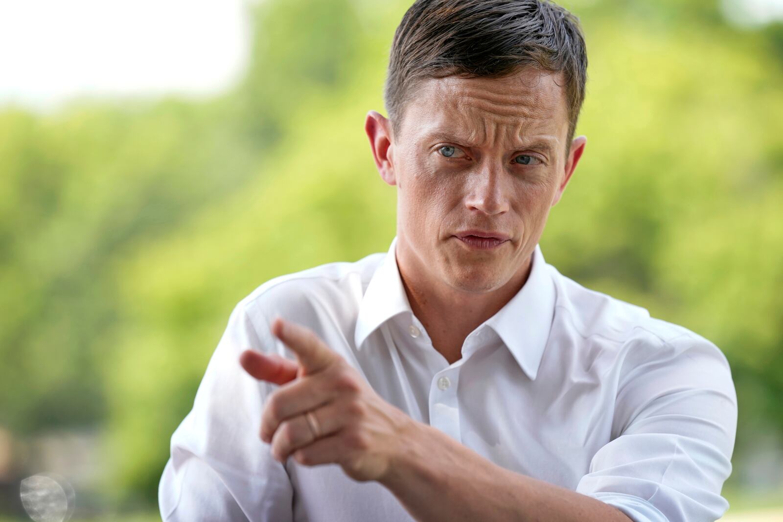 FILE - Iowa State Auditor Rob Sand talks with residents, June 28, 2023, in Audubon, Iowa. (AP Photo/Charlie Neibergall, File)