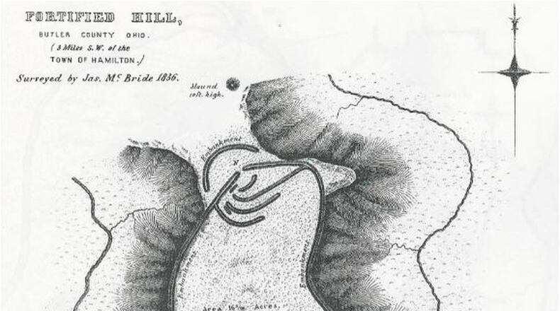 The Fortified Hill Works, listed on the National Register of Historic Places in 1974, was surveyed in 1836 by James McBride, who was Hamilton’s first mayor. Proponents hope the earthworks, built 2,000 years ago by Hopewell Indians, can be preserved as a farm where they are located goes up for sale Saturday. PROVIDED