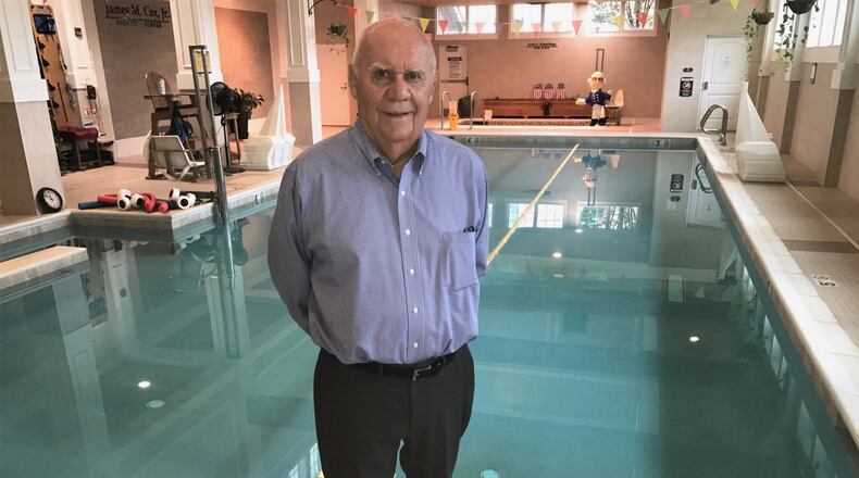 Bob Arledge, now 90, at the indoor pool at the Otterbein Lebanon Senior Life Community a few days ago. He swims several days a week, has pole vaulting practice at Lebanon High and other places a few times a week and lifts weights and/or does fitness training most days at the Otterbein Fitness Center. This Wednesday at the 2023 National Senior Games in Pittsburgh – where he is competing in the pole vault and swimming – he’ll receive the Humana Game Changer award, a national recognition of an athlete who exemplifies healthy aging, and provides encouragement, motivation, and inspiration for all seniors to live healthy lifestyles. Tom Archdeacon/CONTRIBUTED
