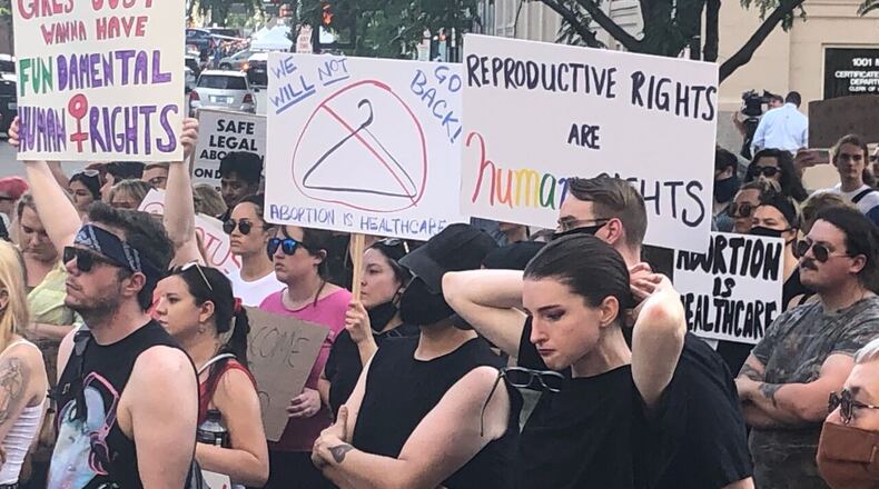 People in downtown Cincinnati protest the overturning of Roe v. Wade on Fri., June 24, 2022. Jake Ryle/WCPO