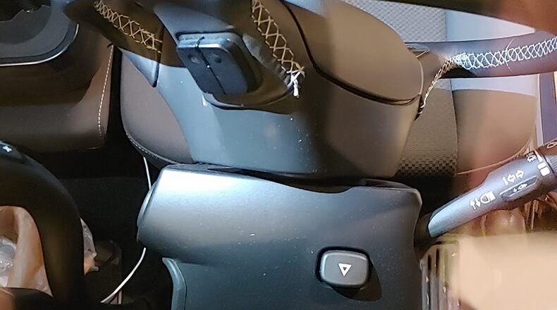 Here is a view of the crooked steering wheel and steering column on a Chevrolet pickup truck as viewed through the windshield. James Halderman photo