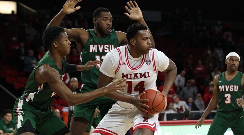 Bam Bowman scored a team-high 17 points Friday in Miami’s loss to Ohio at Millett Hall. FILE PHOTO