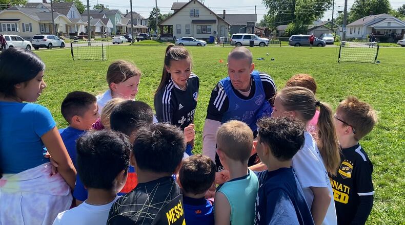 FC Cincinnati community ambassadors worked with 40 youth May 25, 2023 at Jefferson Park in Hamilton to teach soccer skills. JEFF ARCHIABLE/TVHAMILTON