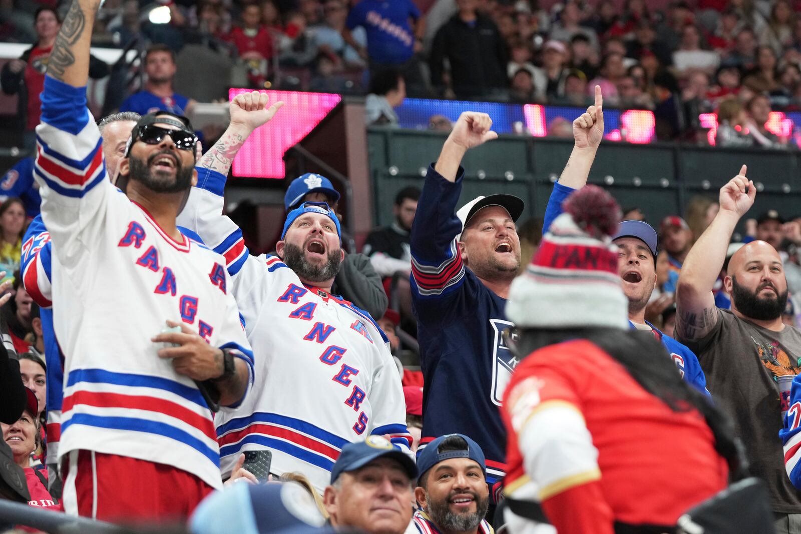 New York Rangers fans during the second period of an NHL hockey game against the Florida Panthers, Monday, April 14, 2025, in Sunrise, Fla. (AP Photo/Lynne Sladky)