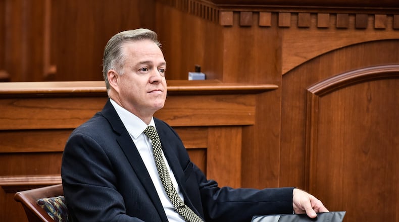 Attorney James Sherron, a candidate for Middletown Municipal Court judge, testifies Nov. 1 before an Ohio Board of Professional Conduct hearing panel on improper judicial campaign violations. NICK GRAHAM/STAFF