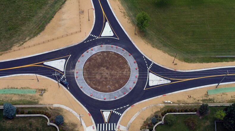 The first Millikin Road roundabout opened four years ago at its intersection with Lesourdsville-West Chester Road and Pinckney Trail. Work on constructing a second roundabout on Millikin Road at its intersection with the north leg of Lesourdsville-West Chester Road begins Tuesday. Contributed photo