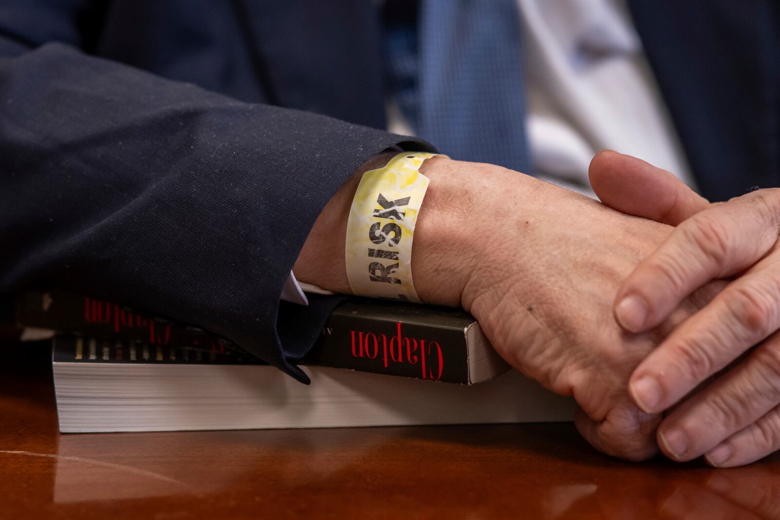 Harvey Weinstein appears in Manhattan Criminal Court, wearing a risk wristband, for the third day of jury selection in his retrial, Thursday, April 17, 2025 in New York. (AP Photo/Adam Gray, Pool)
