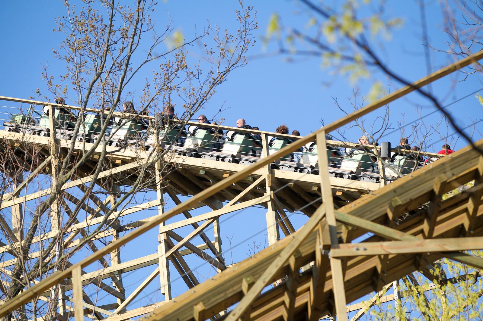 Ride enthusists enjoy an early ride on the new wooden roller coaster, Mystic Timbers, at Kings Island, Thursday, Apr. 13, 2017. The ride opens to the public on Saturday. GREG LYNCH / STAFF