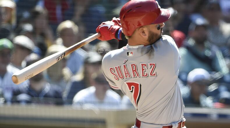 The Reds’ Eugenio Suarez hits a solo home run during the seventh inning against the San Diego Padres at Petco Park April 21, 2019 in San Diego, California. (Photo by Denis Poroy/Getty Images)