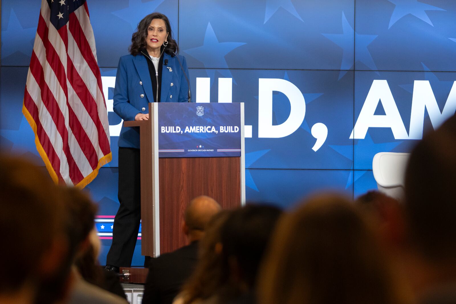 Michigan Gov. Gretchen Whitmer gives a policy speech at an event on Wednesday, April 9, 2025, in Washington. (AP Photo/Mark Schiefelbein)