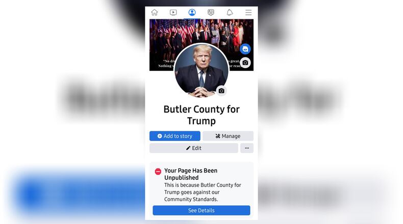 Butler County for Trump Facebook page was deleted for allegedly violating the social media company's Community Standards.