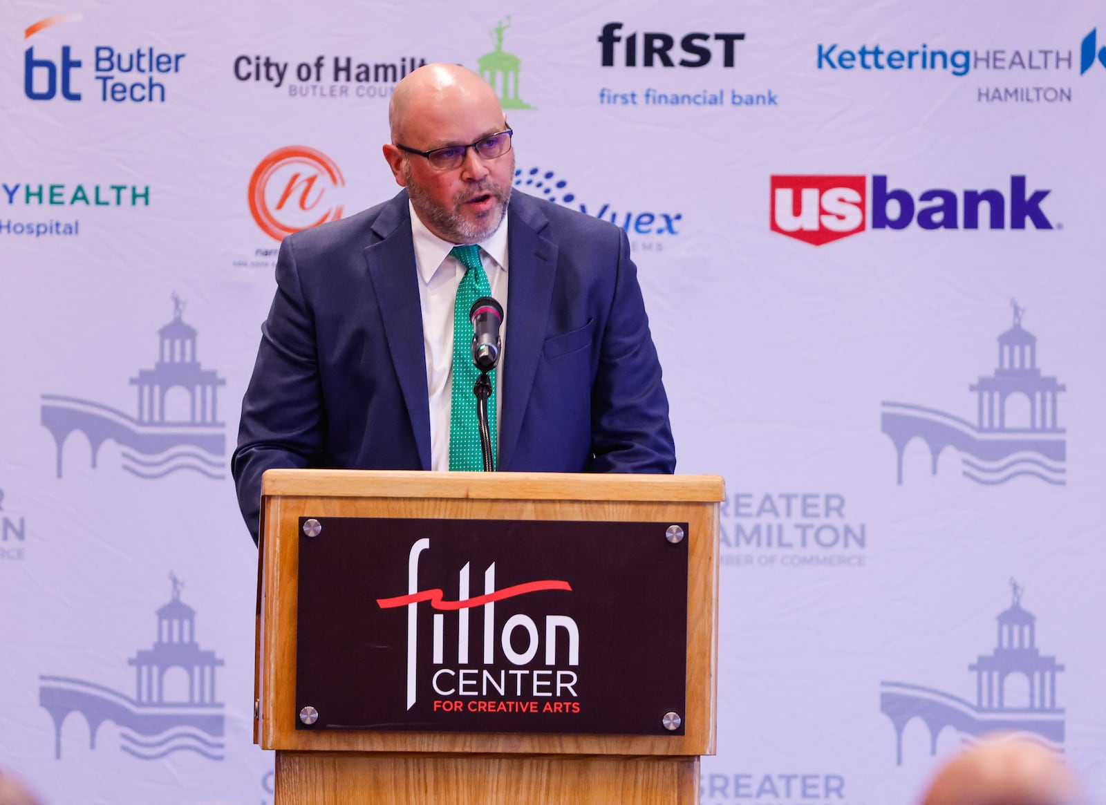 Brian Pendergest, president of Badin High School, speaks during the annual State of the Schools Red Carpet Luncheon Thursday, Feb. 19, 2026 at the Fitton Center for Creative Arts in Hamilton. NICK GRAHAM/STAFF