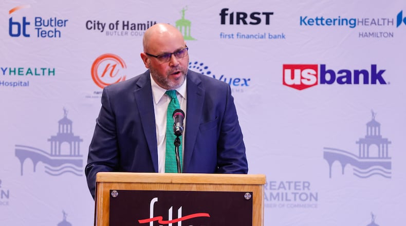 Brian Pendergest, president of Badin High School, speaks during the annual State of the Schools Red Carpet Luncheon Thursday, Feb. 19, 2026 at the Fitton Center for Creative Arts in Hamilton. NICK GRAHAM/STAFF