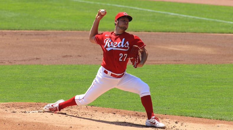 Reds starter Trevor Bauer pitches against the Tigers on Sunday, July 26, 2020, at Great American Ball Park in Cincinnati. David Jablonski/Staff