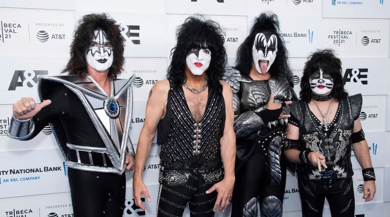 Members of the band Kiss, from left, Tommy Thayer, Paul Stanley, Gene Simmons and Eric Singer attend the premiere of A&E Network's "Biography: KISStory" during the 20th Tribeca Festival at Battery Park on Friday, June 11, 2021, in New York. (Photo by Charles Sykes/Invision/AP)