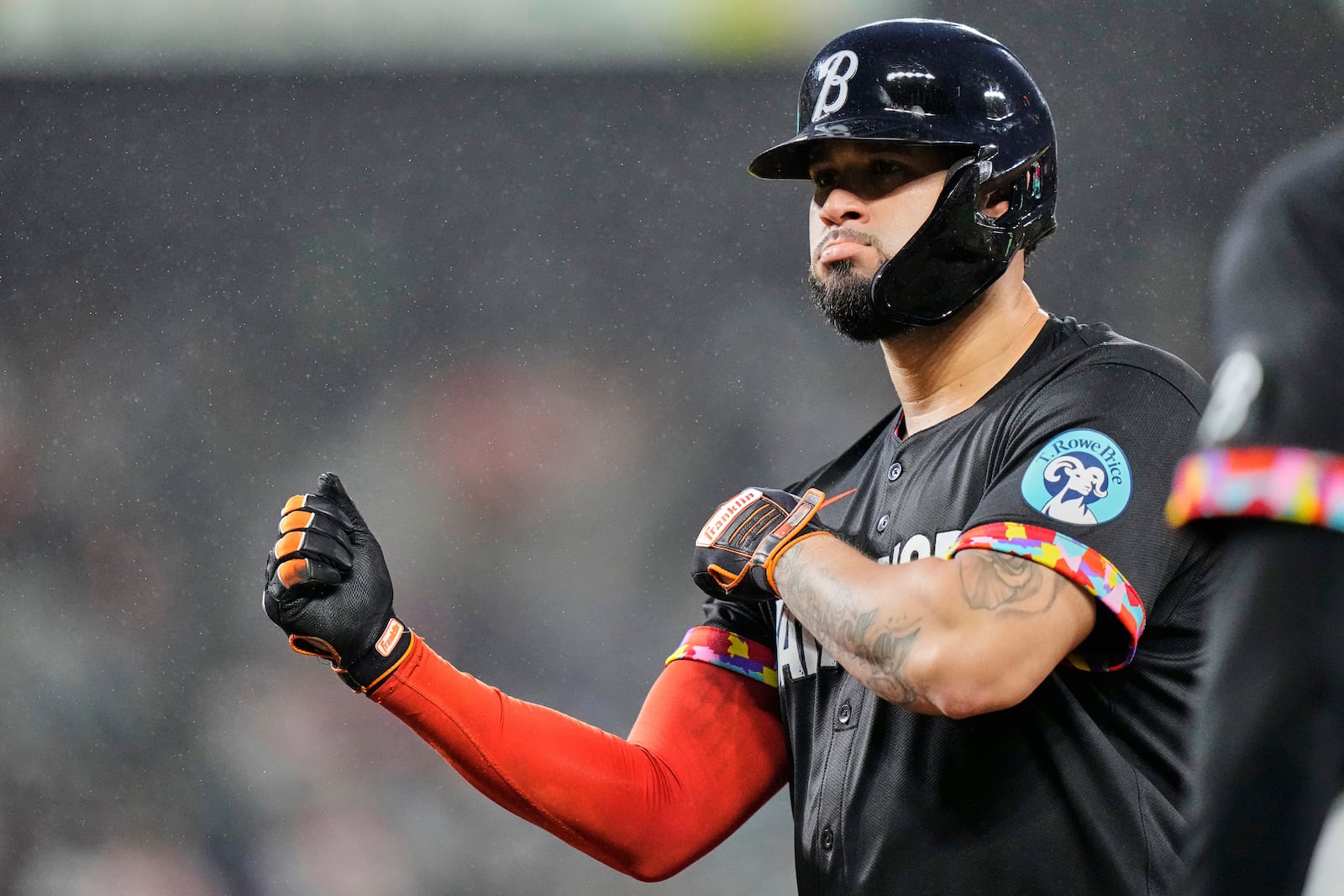 Baltimore Orioles' Gary Sanchez celebrates after hitting a single during the third inning of a baseball game against the Tampa Bay Rays, Friday, June 27, 2025, in Baltimore. (AP Photo/Stephanie Scarbrough)