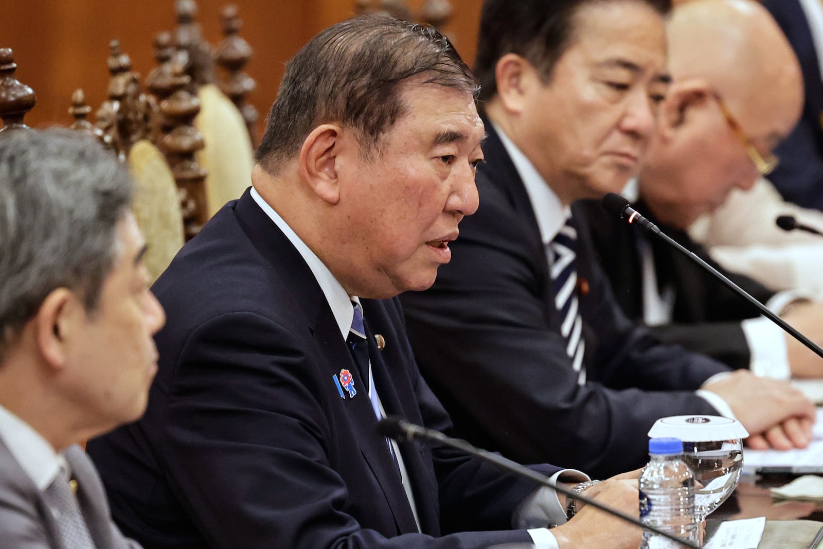 Japan's Prime Minister Shigeru Ishiba, second left, speaks during a bilateral meeting with Philippines President Ferdinand Marcos Jr., not pictured, at Malacanang Palace in Manila, Philippines Tuesday, April 29, 2025. (Rolex Dela Pena/Pool Photo via AP)