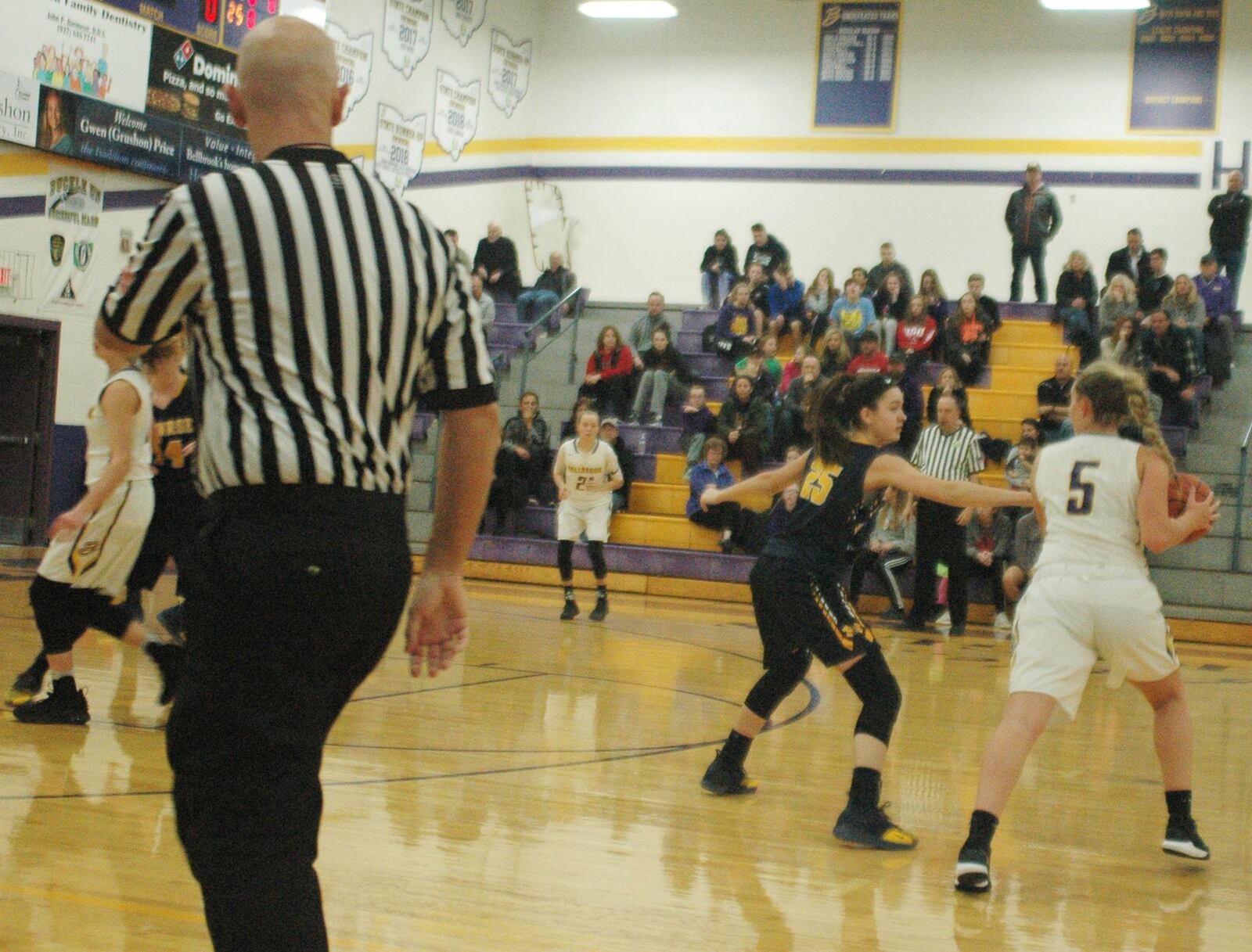 Monroe’s Rylen Carroll (25) guards Dani Westbrock (5) of Bellbrook during Monday night’s game at Bellbrook. Monroe won 31-29. RICK CASSANO/STAFF