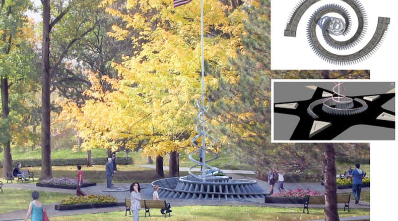 This artist’s rendering gives a glimpse of what Miami University’s Veterans Tribute will look like when it is dedicated on Veterans Day next year. Insets show what it will look like from the top and at the base. CONTRIBUTED