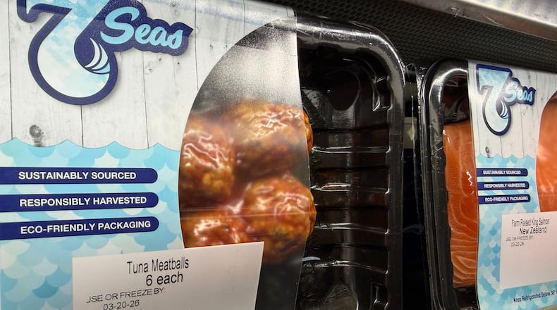Tuna meatballs are displayed at the Seafood Expo North America in Boston on March 17, 2026. (J. M. Hirsch via AP)