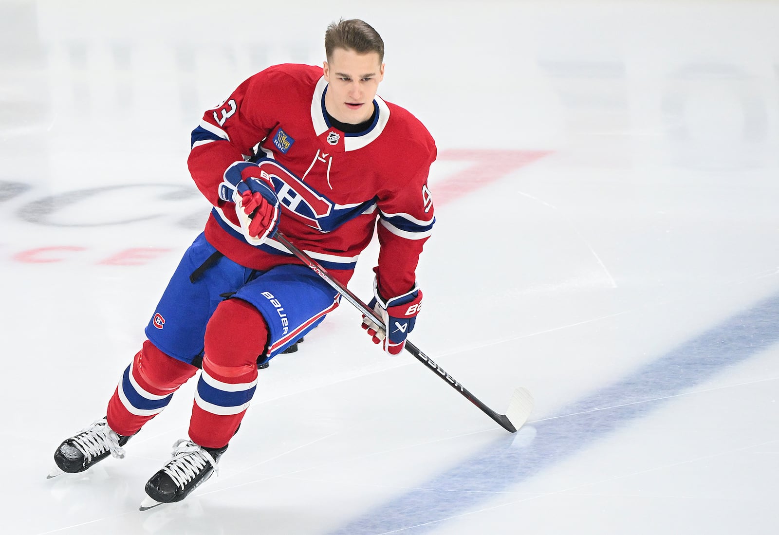 Montreal Canadiens' Ivan Demidov skates prior to an NHL hockey game against the Chicago Blackhawks in Montreal, Monday, April 14, 2025. (Graham Hughes/The Canadian Press via AP)