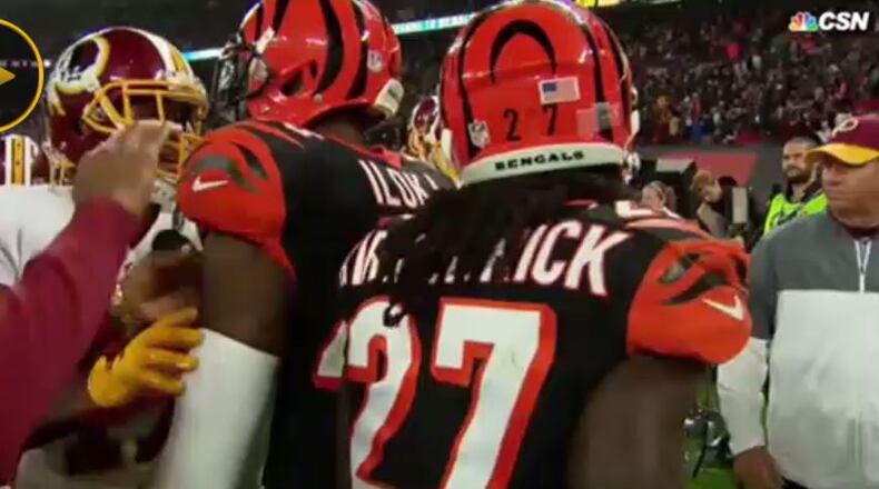 Members of the Cincinnati Bengals and Washington Redskins exchange words and shoves after Sunday’s 27-27 tie.
