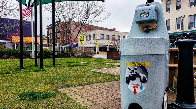 The city of Middletown has placed hand washing stations at several locations around the city, including Smith Park, Bicentennial Commons and Governor’s Square. NICK GRAHAM / STAFF