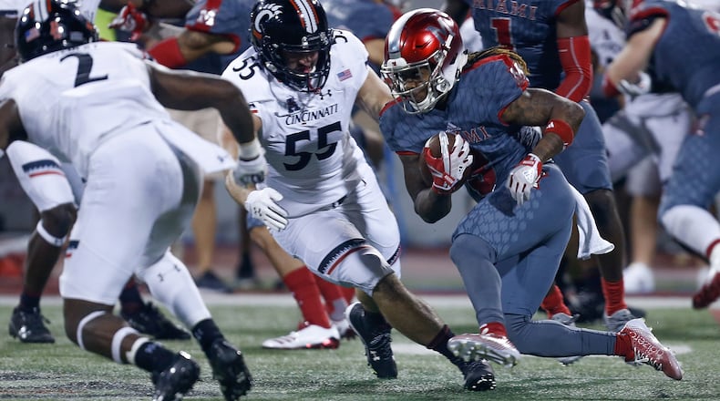 OXFORD, OH - SEPTEMBER 16: Kenny Young #3 of the Miami Ohio Redhawks runs with the ball against the Cincinnati Bearcats during the second half at Yager Stadium on September 16, 2017 in Oxford, Ohio. (Photo by Michael Reaves/Getty Images)