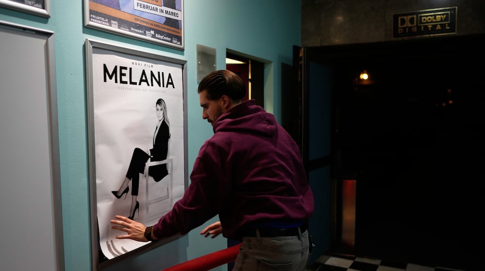 A movie theater puts up a poster for the screening of a documentary about Melania Trump, in Ljubljana, Slovenia, Friday, Jan. 30, 2026. (AP Photo/Darko Bandic)