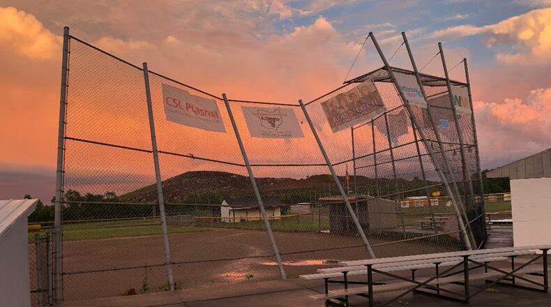 The backstop at Prosser Field on Mechanicsburg Road in Springfield was among the damage during a storm in Springfield on Wednesday evening. The field's concession stand was completely demolished and a maintenance shed damaged.