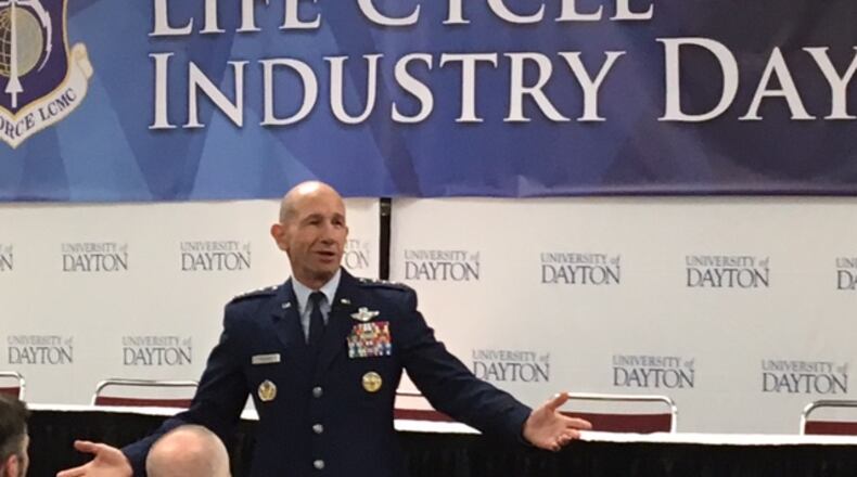 Air Force Gen. James Holmes, the top general at Air Combat Command, speaks at the Air Force Life Cycle Management Center Industry Daysat the University of Dayton Research Institute. Holmes will again speak at this year’s conference. BARRIE BARBER/STAFF