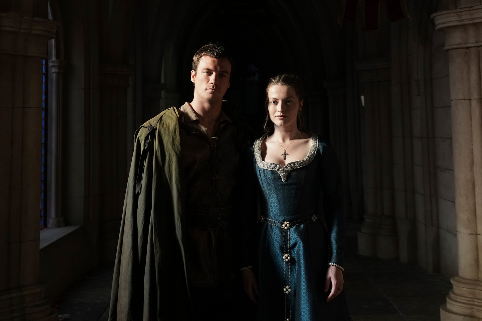 Actor Jack Patten as Robin, left, poses with actor Lauren McQueen as Marian after an interview with The Associated Press about the Robin Hood ten-episode season in Belgrade, Serbia, Monday, May 5, 2025. (AP Photo/Darko Vojinovic)