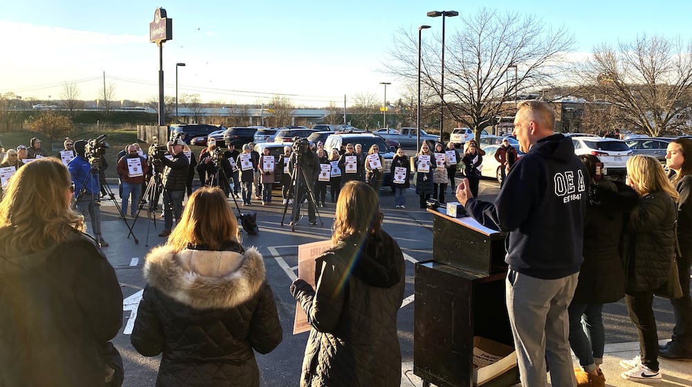 Negotiators for a new Ross Schools’ teacher contract have reached a tentative agreement in their nearly year-long labor pact talks, officials announced Thursday.
Union officials for the teachers, which earlier this week held a rally at the opening of “Strike Headquarters” in Ross Twp., said the proposed contract with the district’s 150 teachers will results in the district “more likely to retain the amazing educators.” (Photo By Michael D. Clark/Journal-News)