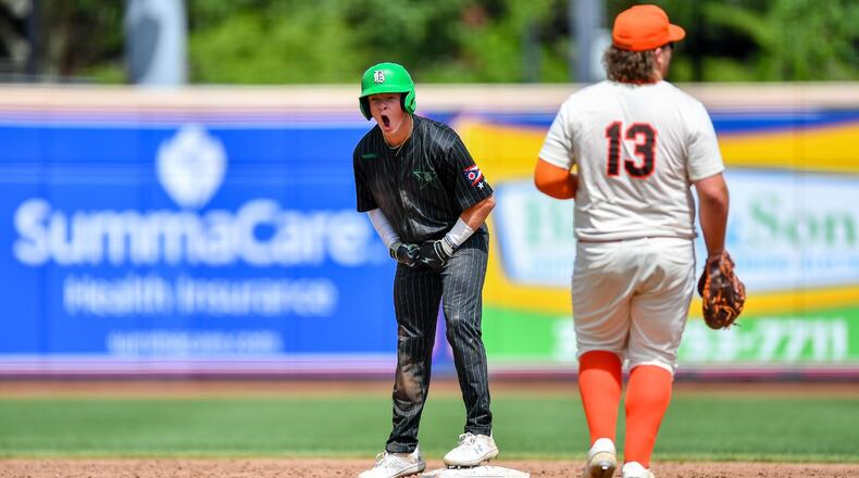 Badin's Austin Vangen celebrates a double against Parma Padua Franciscan during a Division II state semifinal Friday morning at Akron's Canal Park. Kyle Hendrix/CONTRIBUTED