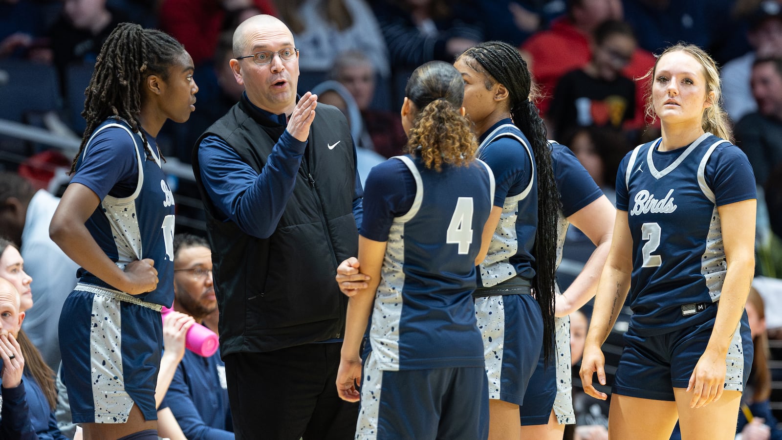 Fairmont assistant coach Matt Madges talks to players during a timeout in the first half of the Division I state final on Saturday, March 14 at University of Dayton Arena. BRYANT BILLING / STAFF