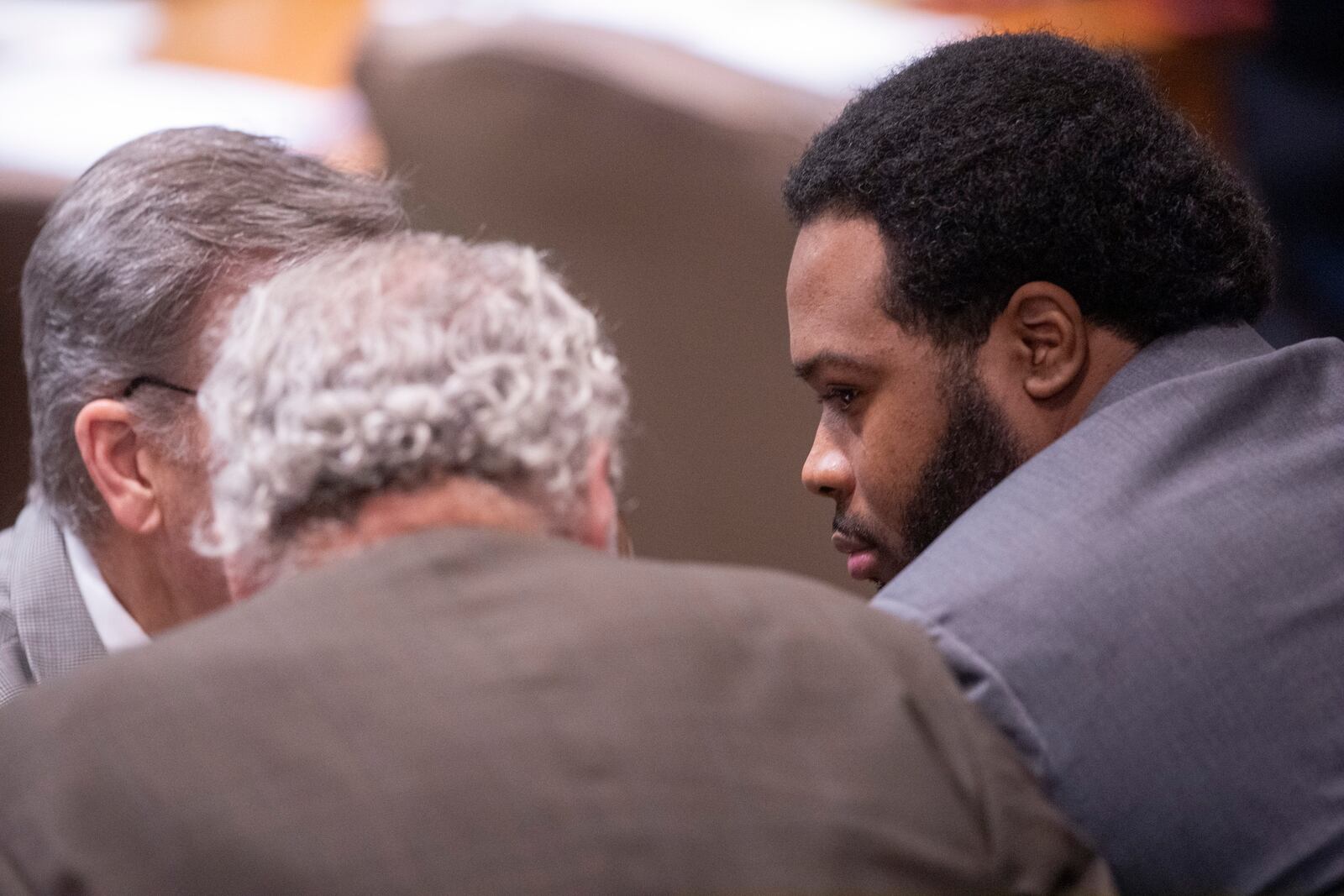 Former Memphis Police Department officer Demetrius Haley, right, speaks with his attorneys, Michael Stengel, left, and Stephen Leffler, center, during the sixth day of the trial for the death of Tyre Nichols in Memphis, Tenn., on Saturday, May 3, 2025. (Chris Day/Commercial Appeal/USA Today Network via AP, Pool)